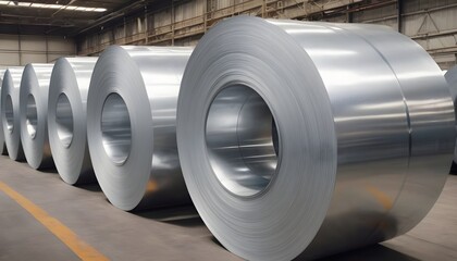 Rolls of galvanized sheet steel in the factory. Large rolls of metal coils in the warehouse.