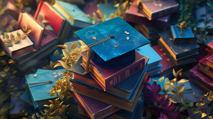 A colorful stack of books topped with a graduation cap represents knowledge and learning