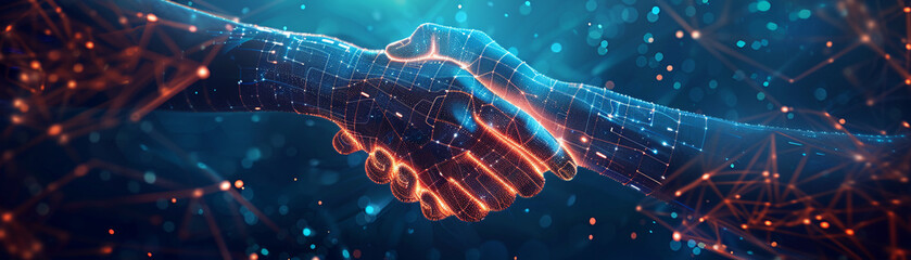 The essence of partnership captured in a digital handshake, a cyber agreement that binds networks in collaboration. - obrazy, fototapety, plakaty