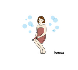 サウナと、水風呂と、外気に当たりながら体を冷ますことのセットを繰り返し行い、深いリラックス状態になったサウナ好きの可愛い女性 ととのう サウナ女子 シンプル イラスト ベクター
