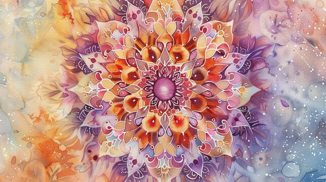 A mesmerizing mandala background adorned with delicate floral motifs, watercolor painting