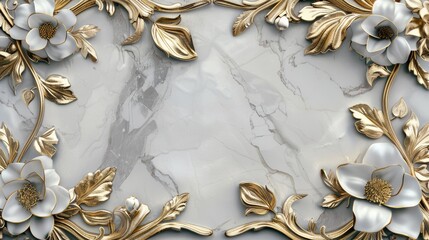 Fototapeta premium Golden Floral Art on White Marble Elegant Design