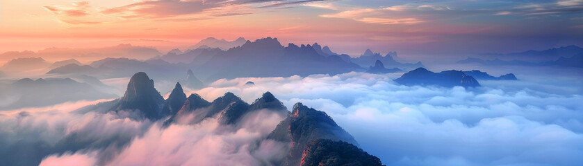 The serenity of mountains piercing through clouds at sunrise offers a breathtaking spectacle, a world above the world, untouched and tranquil. - obrazy, fototapety, plakaty