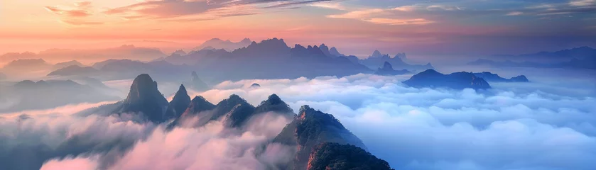 Foto op Plexiglas The serenity of mountains piercing through clouds at sunrise offers a breathtaking spectacle, a world above the world, untouched and tranquil. © Chanoknan