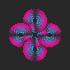 Circular psychedelic pattern logo featuring overlapping five circles, weaving thin parallel lines creating a grid abstract shape symbol. The 5 rounds form a mesh from a vibrant blue-pink gradient.