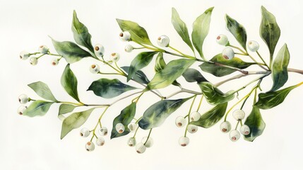 Delicate mistletoe branches in watercolor, their tiny white berries and soft green leaves isolated on white, inviting festive traditions