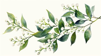Delicate mistletoe branches in watercolor, their tiny white berries and soft green leaves isolated on white, inviting festive traditions