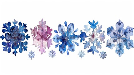 Delicate snowflakes in watercolor, each unique and festively adorned with glittering accents