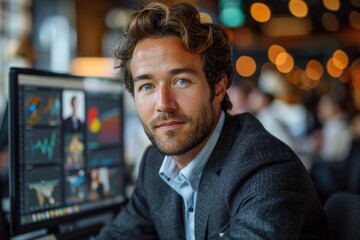 Fototapeta premium Young Male Executive Working Late at Contemporary Broadcast Control Room