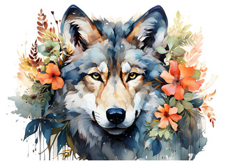 Picture head wolf with green leaves and multi-colored flowers draw by watercolor nature isolated on cut out PNG or transparent background. Realistic animal clipart template pattern. Abstract Texture.