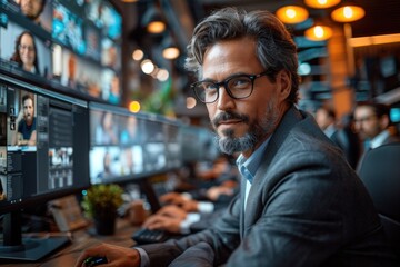 Obraz premium Young Male Executive Working Late at Contemporary Broadcast Control Room