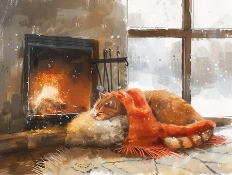 Cozy winter night by the fireplace, watercolor hues of orange and red, a cat curled up on a plush rug
