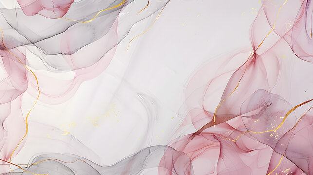 Abstract gray marble marbled stone ink liquid fluid painted painting texture luxury background banner - Pink petals, blossom flower swirls gold painted lines
