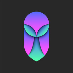 Abstract owl bird logo, paper cut design. Sitting bird with folded wings front view features geometric shape, concept knowledge symbol with overlapping areas, layers, vibrant gradient, and shadows.