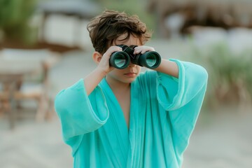 youngster in a turquoise beach robe looking through binoculars