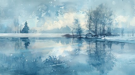 Frozen lake under a winter sky, watercolor blending icy blues and whites, bare trees reflecting on the glassy surface