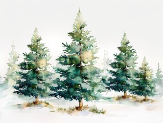 Slender watercolor Christmas trees, pine green with delicate frost tips, standing tall against a crisp white background - obrazy, fototapety, plakaty