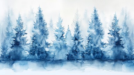 Slender watercolor Christmas trees, icy blue and silver, shimmering with winters magic - obrazy, fototapety, plakaty