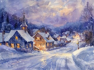 Snowy village at dusk in watercolor, soft blues and purples casting serene shadows, lights twinkling in cozy cottages