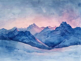 Snow-covered mountains in watercolor, shades of blue and gray, with hints of pink in the chilly dawn light - obrazy, fototapety, plakaty