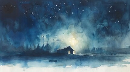 Softly painted watercolor scene of the star of Bethlehem shining brightly above the manger, guiding the way, set against a crisp white canvas for a peaceful night