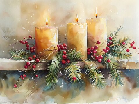 Trio of watercolor Christmas candles, each a different height, nestled among pine branches and red berries on a mantelpiece