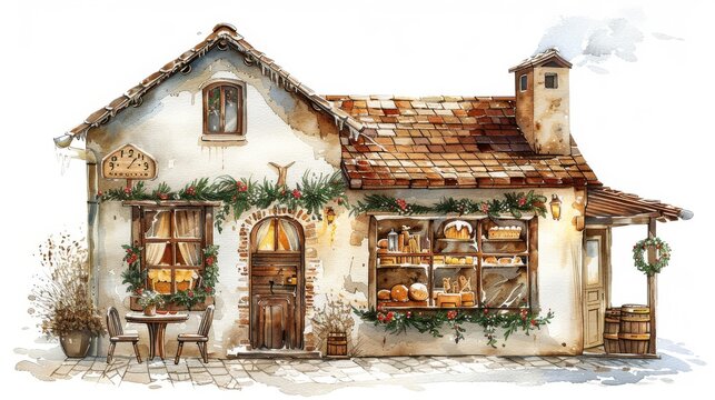 Vibrant watercolor painting of a village bakery, its windows steaming and a wreath on the door, the scent of gingerbread wafting out, isolated against white