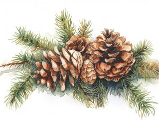 Watercolor illustration of a rustic pinecone and evergreen garland, its natural beauty highlighted in fine detail, isolated on a crisp white backdrop