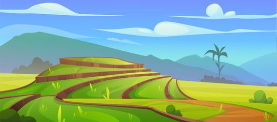 Asian rice field landscape. Vector cartoon illustration of green tea plantation with terrace terrain, bushes, palm tree and green grass on hill, mountain silhouette on horizon, farming land, blue sky - obrazy, fototapety, plakaty