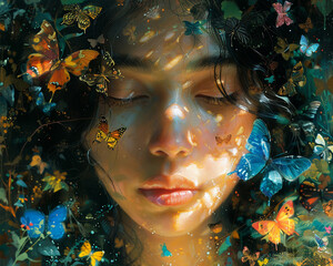 Ethereal woman in a vibrant fantasy garden, hyperrealism oil painting style, surrounded by luminescent butterflies