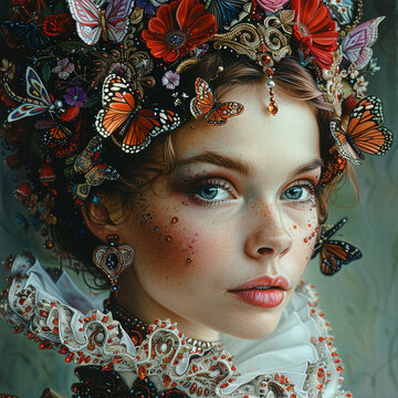 A majestic humanoid queen, fantasy-themed with hyperreal details, butterflies adorning her hair.