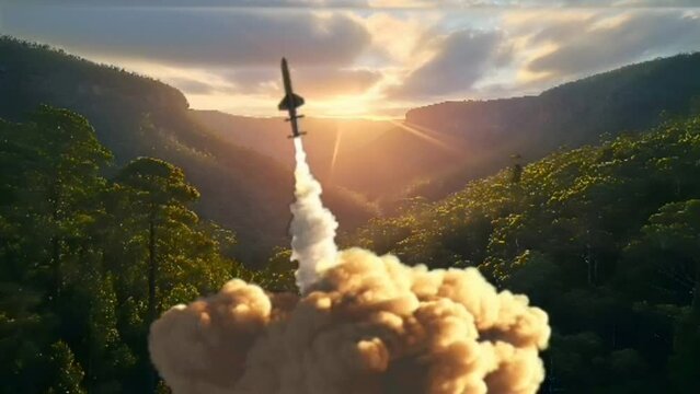 Rocket launch amid the mountain forest at sunset, leaving a trail of smoke. Seamless looping 4k timelapse virtual video animation background generated AI

