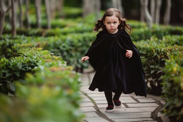 little girl in black cloak running through a maze