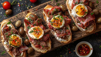   A wooden cutting board topped with slices of bread and meat, crowned with an egg on an open-faced sandwich - obrazy, fototapety, plakaty