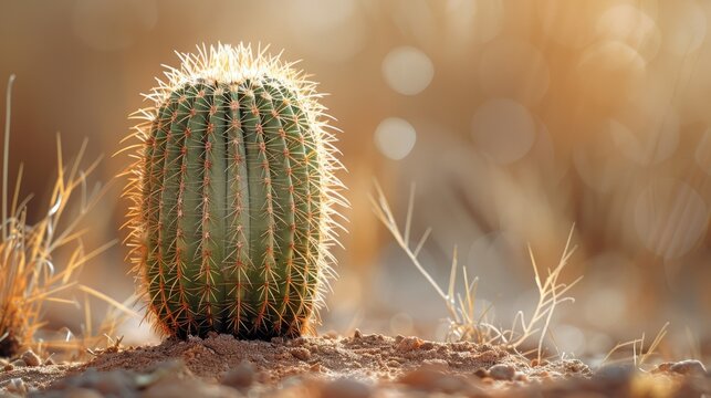   A close-up of a cactus on a dirt ground surrounded by green grass with a hazy background