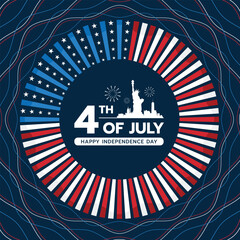 4th of july, happy independence day - Text and cityscape of usa symbol in circle frame with abstract modern tabs and star stripe curve usa flags on dark blue background wit line curve wave texture