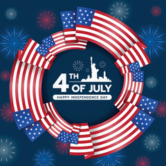 4th of july, happy independence day - Text and cityscape of usa symbol in circle frame with usa flags curve wave on dark blue background wiht red blue  white firework texture vector design