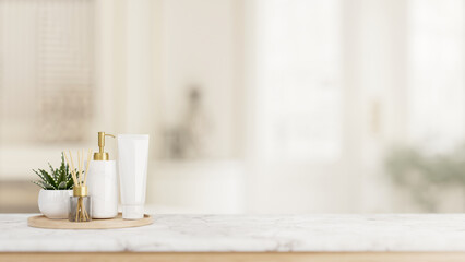 A luxurious toiletries set is placed on a luxury white marble tabletop in a white bathroom.