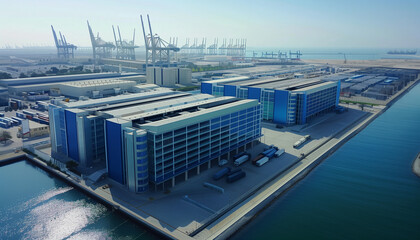 Aerial view of the rectangular blue and white data center buildings located on an industrial dock in ocean, surrounded by ships loading cargo.