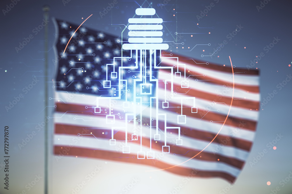 Poster virtual creative idea concept with light bulb and microcircuit illustration on usa flag and sunset s