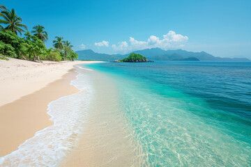 Sandy tropical beach with island on background, ai technology