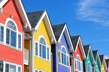row of colorful townhouses with blue sky - obrazy, fototapety, plakaty