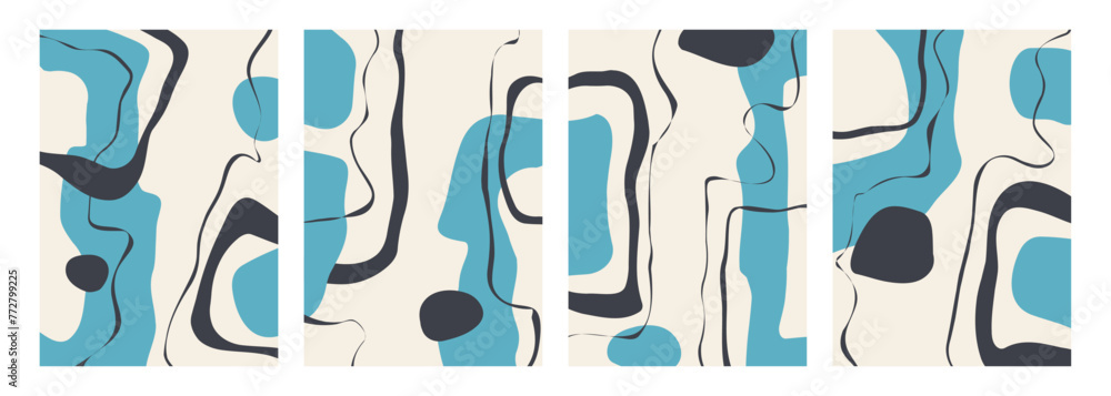 Poster set of abstract backgrounds with various curved black and blue colored shapes and lines for creative