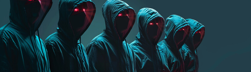 From the shadows, a team in hoodies emerges as the unsung heroes of cybersecurity, vigilant protectors of our digital lives. - obrazy, fototapety, plakaty