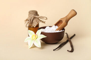 Composition with vanilla powder, extract and sticks on color background