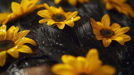 Zbliżenie na płatki kwiatów wplątane w farbowane kobiece włosy - obrazy, fototapety, plakaty