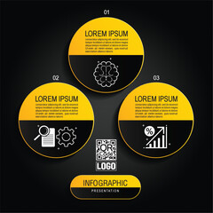 black and yellow bussiness infographic presentations, Dynamic layouts, data visualization, reports, timelines, icons, 3 workflow with minimal designs templates.