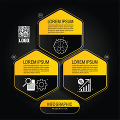 black and yellow bussiness infographic presentations, Dynamic layouts, data visualization, reports, timelines, icons, 3 workflow with minimal designs templates.
