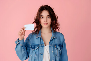 A young woman in a denim shirt holding a business card 