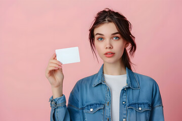 A young woman in a denim shirt holding a business card 